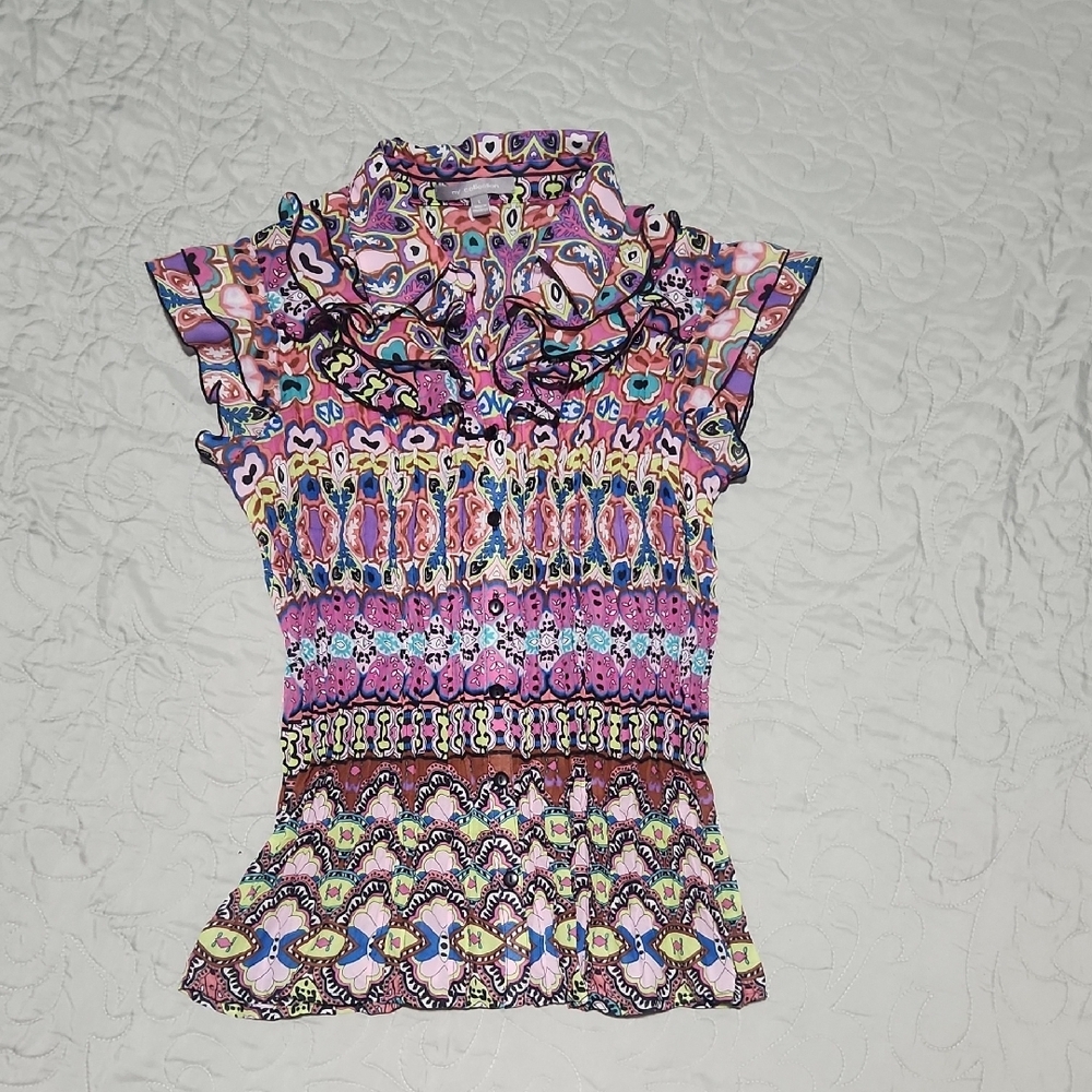 MY COLLECTION Women's Colorful Patterned Ruffle Top Size L.